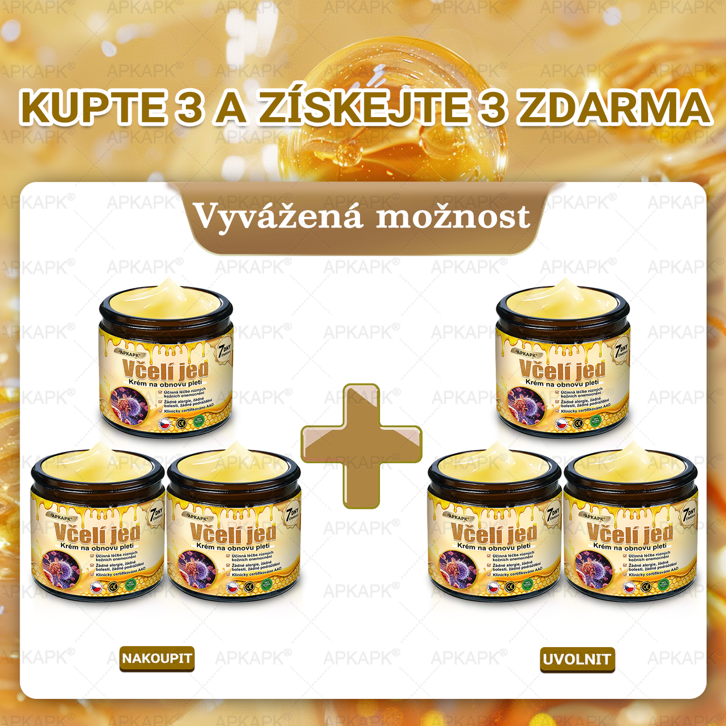 𝖠𝖯𝖪𝖠𝖯𝖪® 🐝 Krém s včelím jedem na obnovu pokožky 🐝 pomáhá při řešení kožních problémů, jako jsou: vrásky, jizvy, pigmentové skvrny, strie, akné, lupénka, ekzém, kožní léze, podráždění, záněty a další kožní potíže.