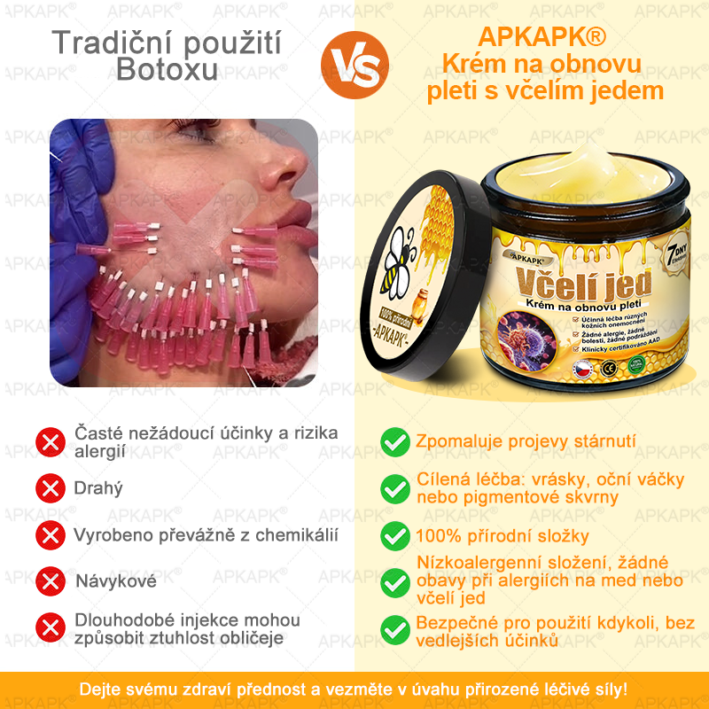 𝖠𝖯𝖪𝖠𝖯𝖪® 🐝 Krém s včelím jedem na obnovu pokožky 🐝 pomáhá při řešení kožních problémů, jako jsou: vrásky, jizvy, pigmentové skvrny, strie, akné, lupénka, ekzém, kožní léze, podráždění, záněty a další kožní potíže.